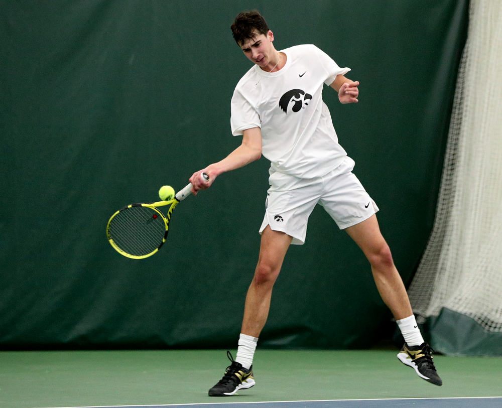 Iowa’s Matt Clegg during his singles match at the Hawkeye Tennis and Recreation Complex in Iowa City on Sunday, February 16, 2020. (Stephen Mally/hawkeyesports.com)