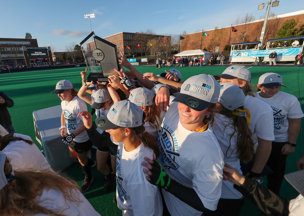 The Iowa Hawkeyes celebrate their victory over Penn State in the 2019 Big Ten Field Hockey Tournament Championship Game Sunday, November 10, 2019 in State College. (Brian Ray/hawkeyesports.com)