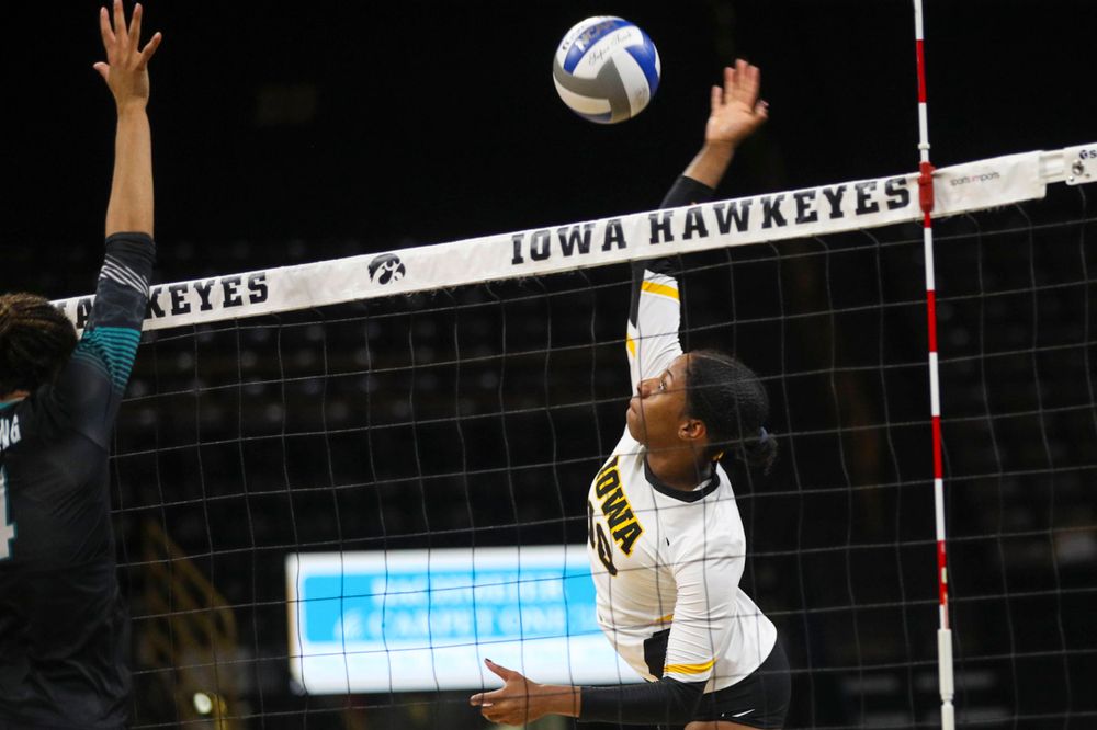 Iowa Hawkeyes outside hitter Griere Hughes (10) against Coastal Carolina Friday, September 20, 2019 at Carver-Hawkeye Arena. (Lily Smith/hawkeyesports.com)