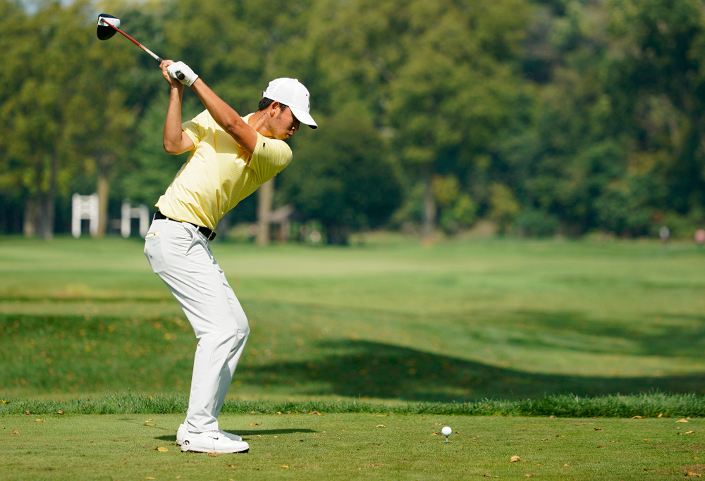 Iowa’s Joe Kim tees off during the third day of the Golfweek Conference Challenge at the Cedar Rapids Country Club in Cedar Rapids on Tuesday, Sep 17, 2019. (Stephen Mally/hawkeyesports.com)