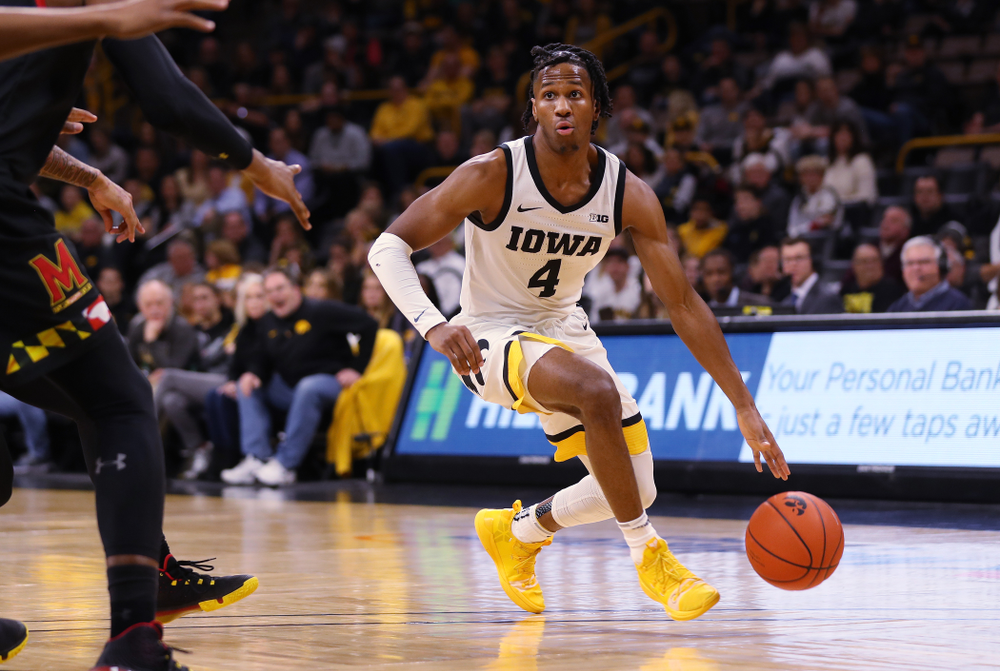 Iowa Hawkeyes guard Bakari Evelyn (4) against the Maryland Terrapins Friday, January 10, 2020 at Carver-Hawkeye Arena. (Brian Ray/hawkeyesports.com)