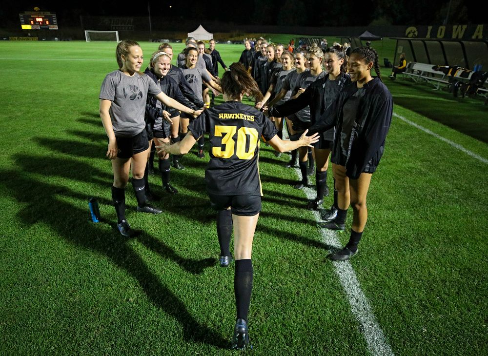 Iowa forward Devin Burns (30) is introduced before their match against Illinois at the Iowa Soccer Complex in Iowa City on Thursday, Sep 26, 2019. (Stephen Mally/hawkeyesports.com)