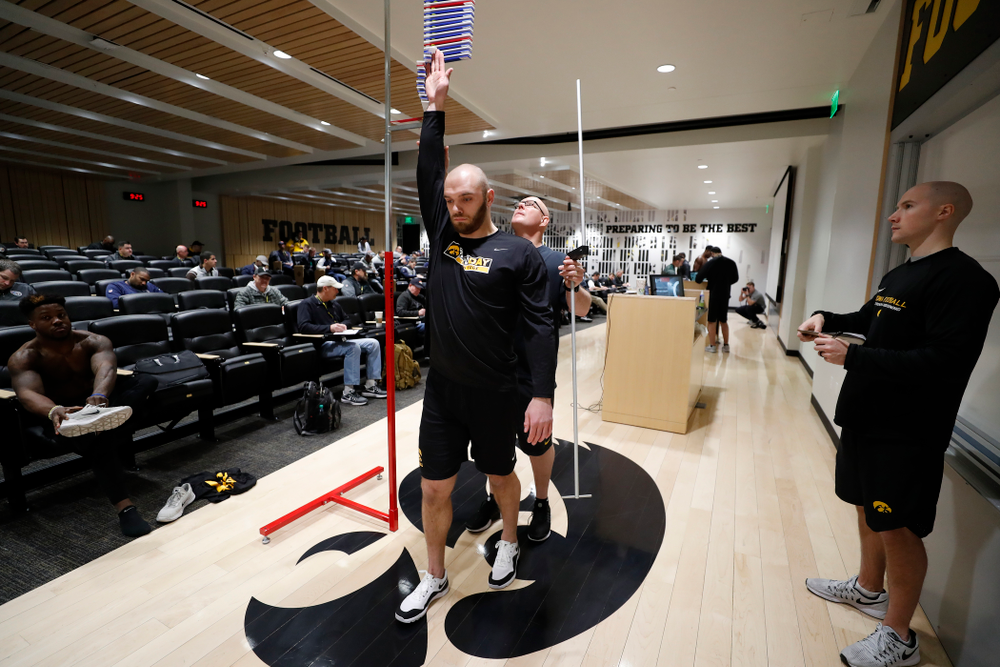 Iowa Hawkeyes linebacker Bo Bower (41) during the team's annual pro day Monday, March 26, 2018 at the Hansen Football Performance Center. (Brian Ray/hawkeyesports.com)