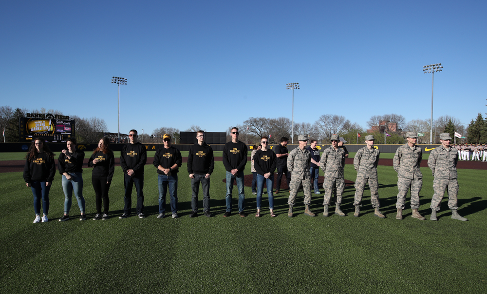 Members of the University of Iowa ROTC are honored before the Iowa Hawkeyes game against the Nebraska Cornhuskers on Military Appreciation Night Friday, April 19, 2019 at Duane Banks Field. (Brian Ray/hawkeyesports.com)