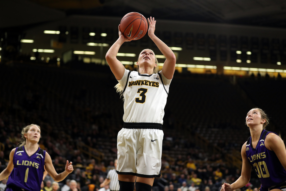 Iowa Hawkeyes guard Makenzie Meyer (3) against North Alabama Thursday, November 14, 2019 at Carver-Hawkeye Arena. (Brian Ray/hawkeyesports.com)