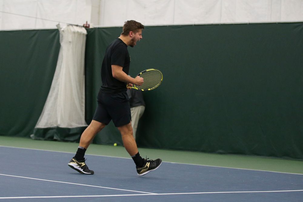 Iowa’s Will Davies celebrates a point during the Iowa men’s tennis meet vs VCU on Saturday, February 29, 2020 at the Hawkeye Tennis and Recreation Complex. (Lily Smith/hawkeyesports.com)