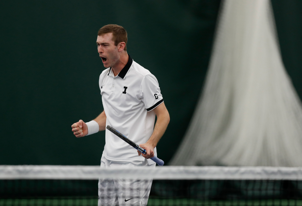 Jake Jacoby and Joe Tyler play a doubles match against Purdue Sunday, April 15, 2018 at the Hawkeye Tennis and Recreation Center. (Brian Ray/hawkeyesports.com)