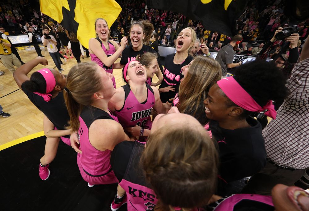 The Iowa Hawkeyes celebrate their victory against the seventh ranked Maryland Terrapins Sunday, February 17, 2019 at Carver-Hawkeye Arena. (Brian Ray/hawkeyesports.com)