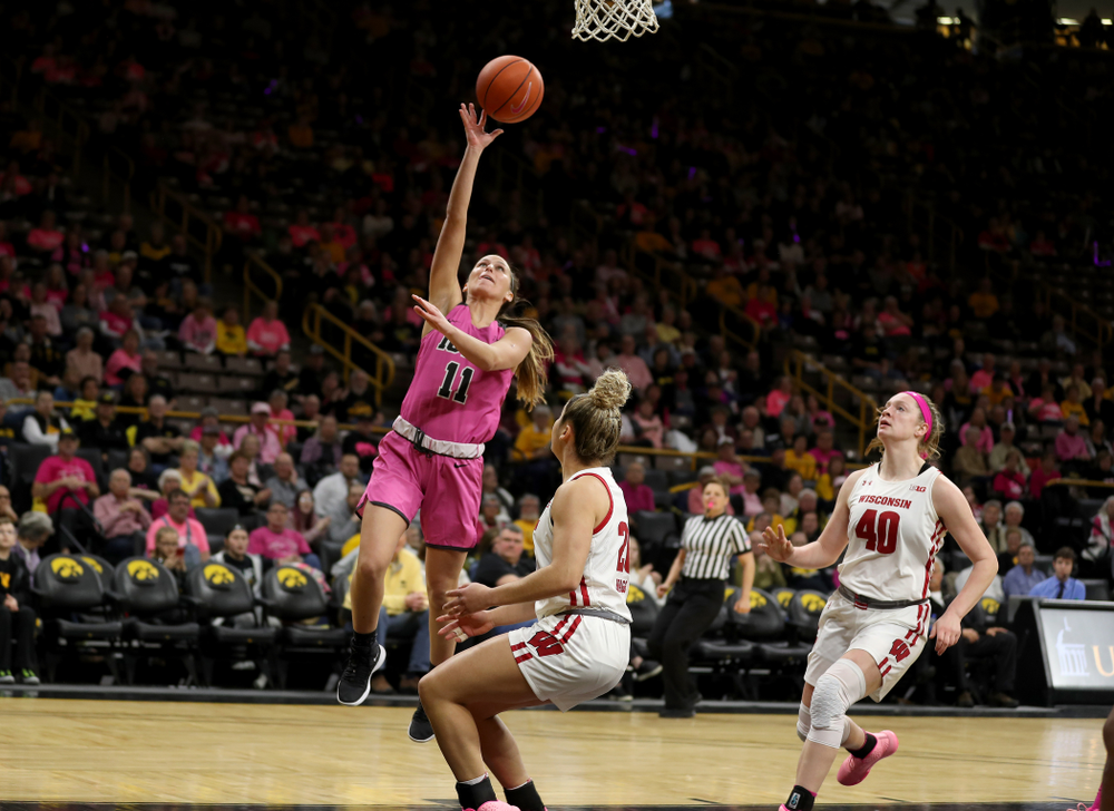 Iowa Hawkeyes guard Megan Meyer (11) against the Wisconsin Badgers Sunday, February 16, 2020 at Carver-Hawkeye Arena. (Brian Ray/hawkeyesports.com)