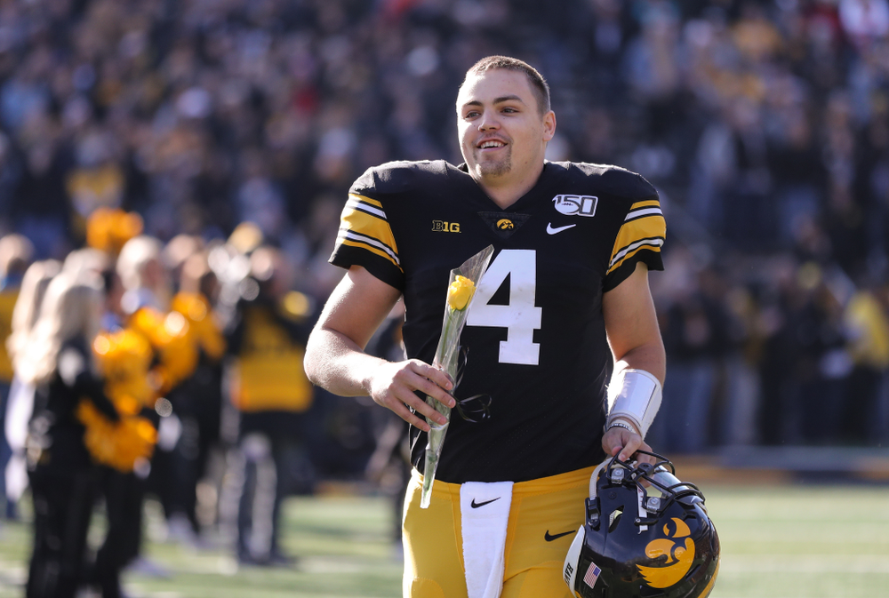 Iowa Hawkeyes quarterback Nate Stanley (4) during Senior Day festivities before their game against the Illinois Fighting Illini Saturday, November 23, 2019 at Kinnick Stadium. (Brian Ray/hawkeyesports.com)