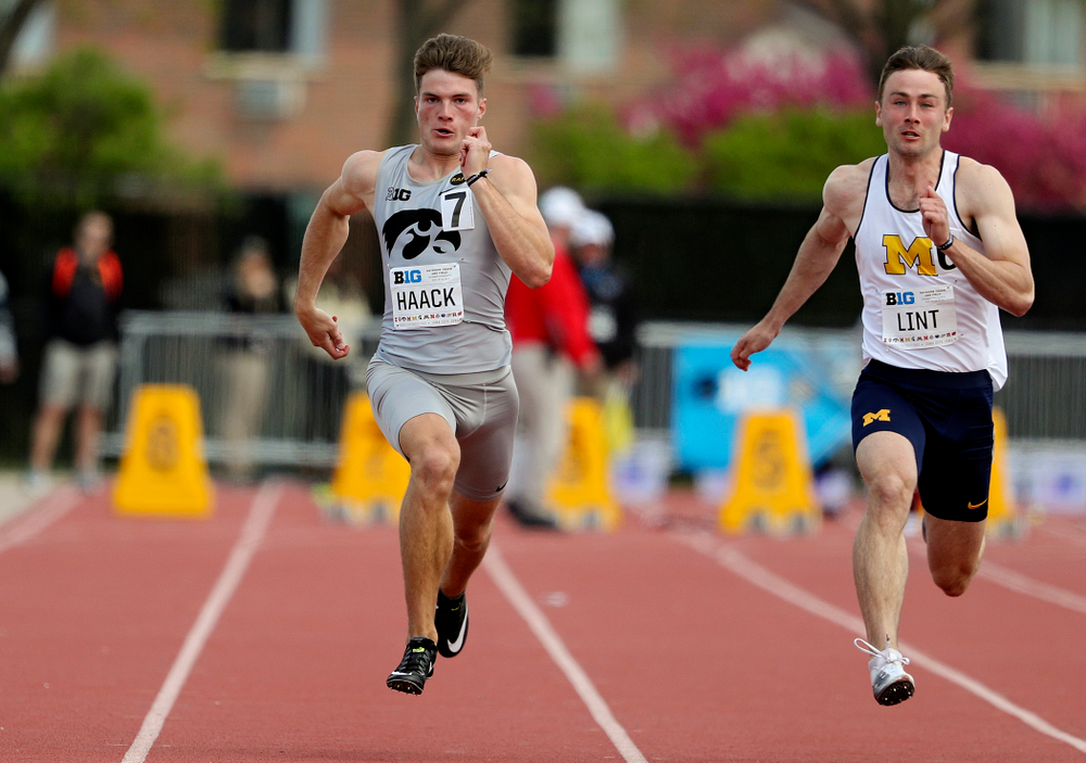 Iowa's Peyton Haack runs the 100 meter dash during the men's decathlon event on the first day of the Big Ten Outdoor Track and Field Championships at Francis X. Cretzmeyer Track in Iowa City on Friday, May. 10, 2019. (Stephen Mally/hawkeyesports.com)