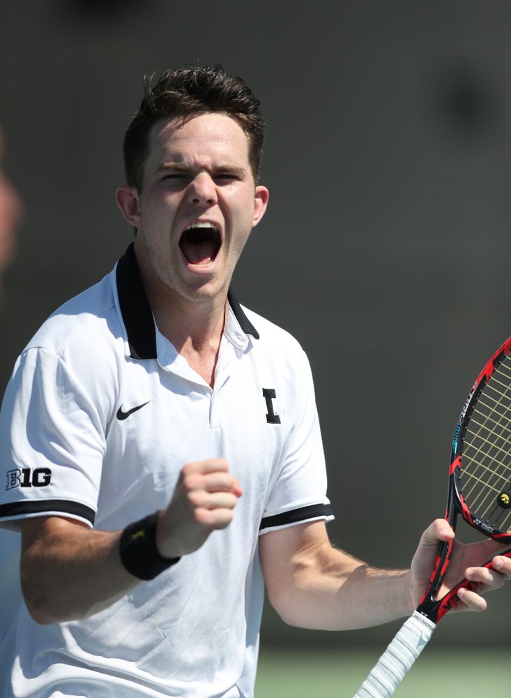 IowaÕs Kareem Allaf and Jonas Larsen play a doubles match against the Michigan Wolverines Sunday, April 21, 2019 at the Hawkeye Tennis and Recreation Complex. (Brian Ray/hawkeyesports.com)