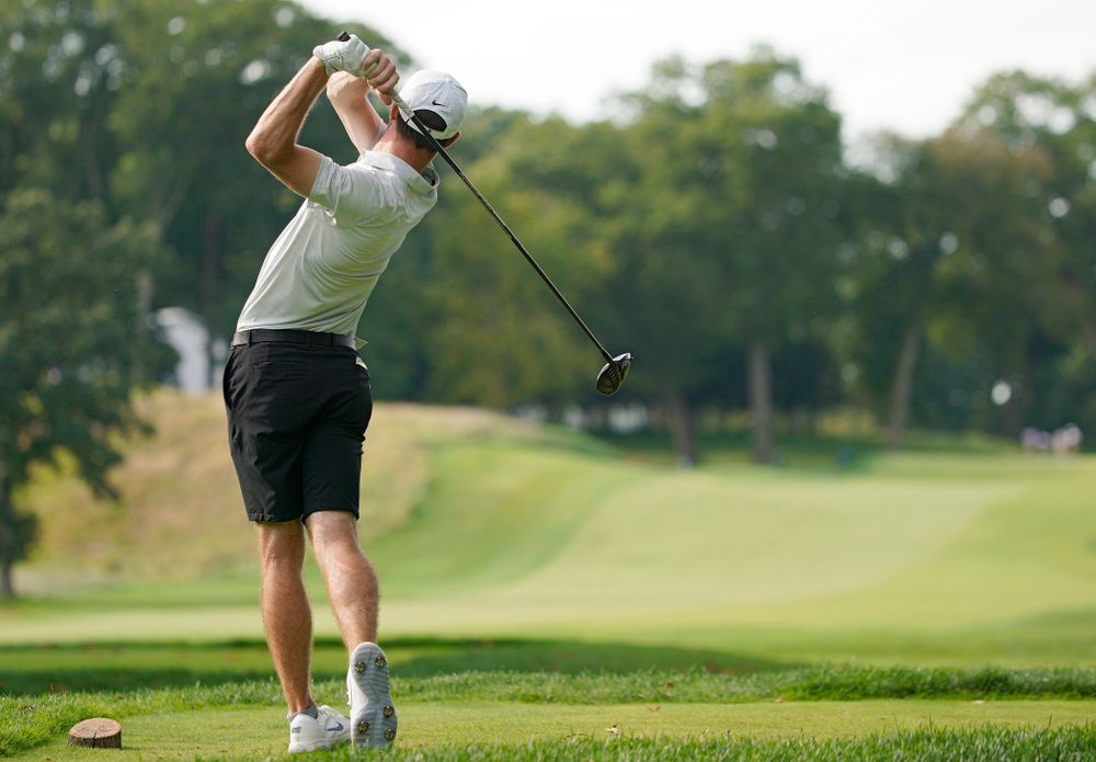 Iowa’s Jake Rowe tees off during the second day of the Golfweek Conference Challenge at the Cedar Rapids Country Club in Cedar Rapids on Monday, Sep 16, 2019. (Stephen Mally/hawkeyesports.com)