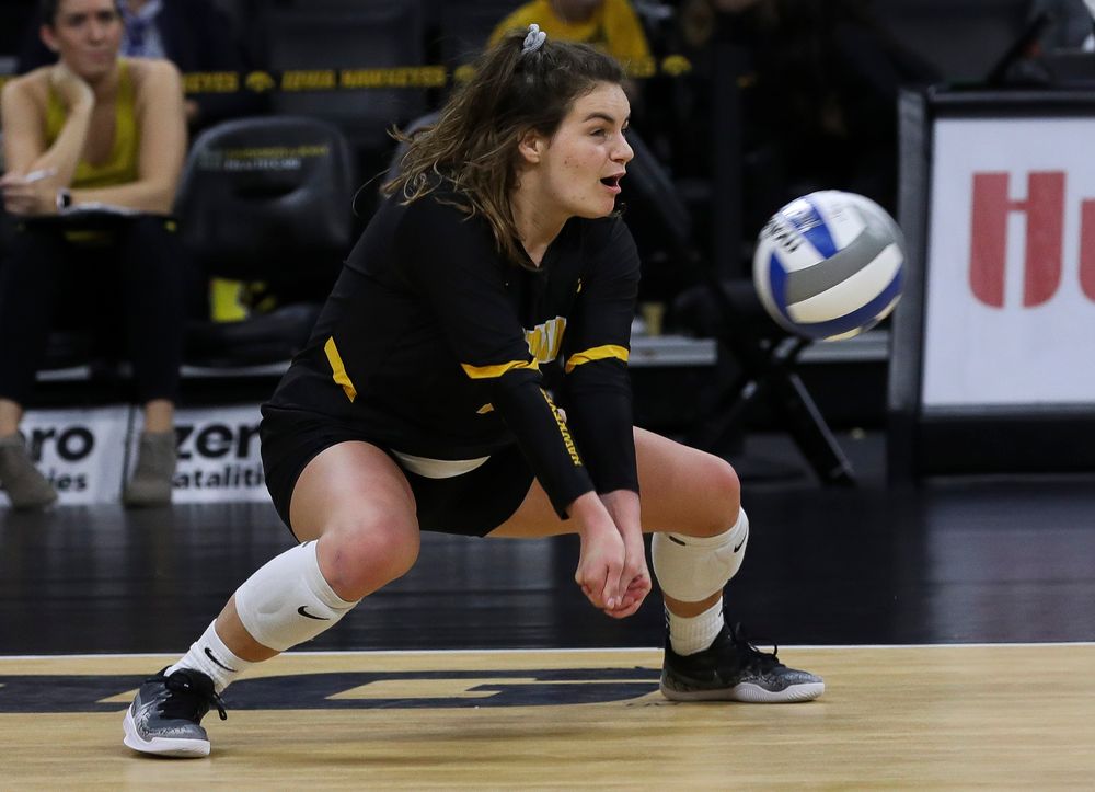 Iowa Hawkeyes defensive specialist Molly Kelly (1) bumps the ball during a match against Penn State at Carver-Hawkeye Arena on November 3, 2018. (Tork Mason/hawkeyesports.com)