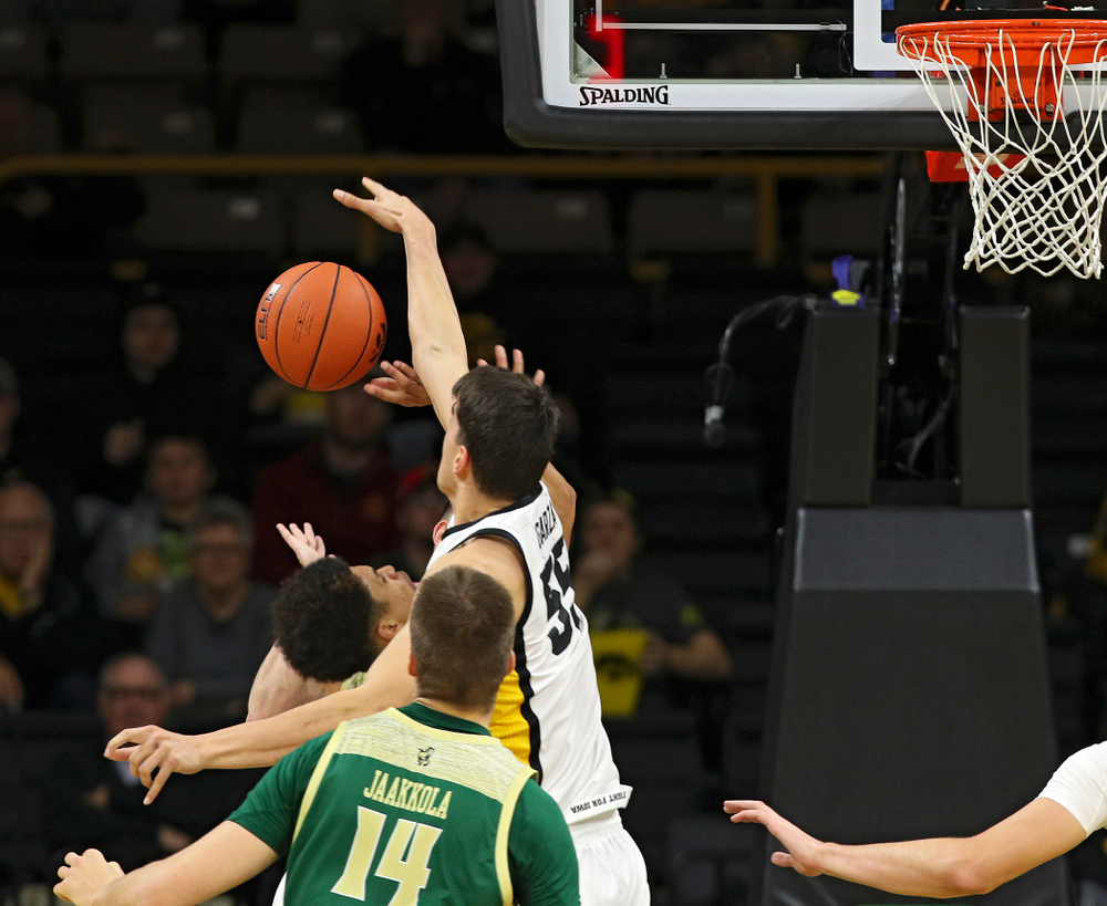 Iowa Hawkeyes center Luka Garza (55) blocks a shot during the first half of their game at Carver-Hawkeye Arena in Iowa City on Sunday, Nov 24, 2019. (Stephen Mally/hawkeyesports.com)