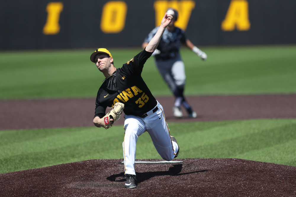 Iowa Hawkeyes Cam Baumann (35) delivers the ball to the plate during game two against UC Irvine Saturday, May 4, 2019 at Duane Banks Field. (Brian Ray/hawkeyesports.com)