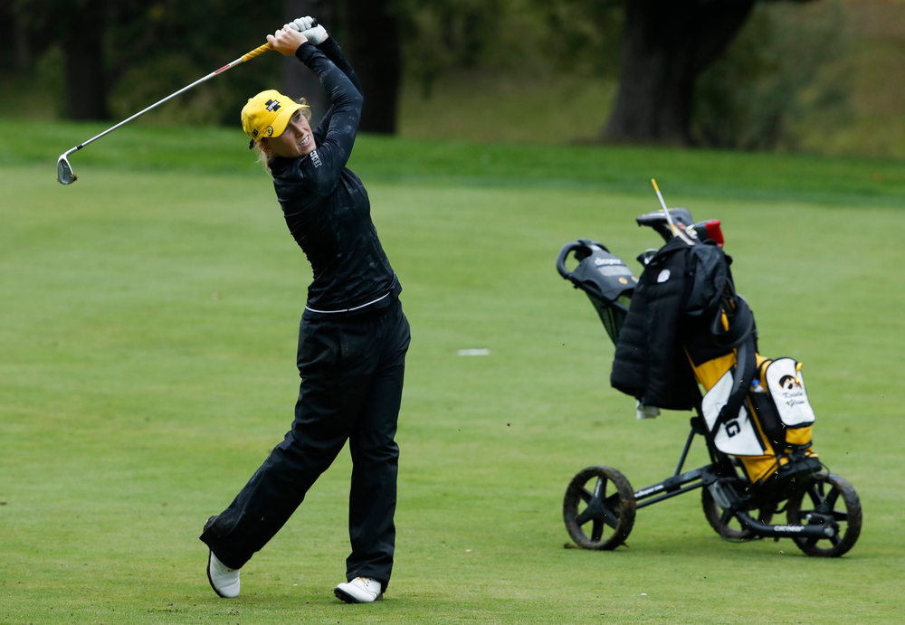 Iowa's Kristin Glesne hits an approach shot during the final round of the Diane Thomason Invitational at Finkbine Golf Course on September 30, 2018. (Tork Mason/hawkeyesports.com)