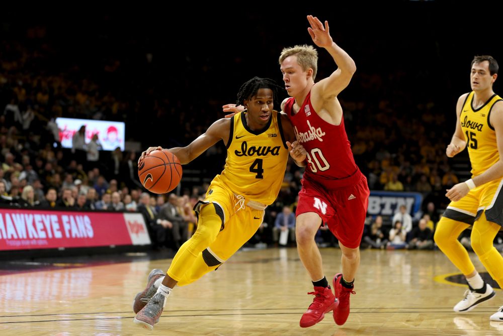 Iowa Hawkeyes guard Bakari Evelyn (4) against the Nebraska Cornhuskers Saturday, February 8, 2020 at Carver-Hawkeye Arena. (Brian Ray/hawkeyesports.com)