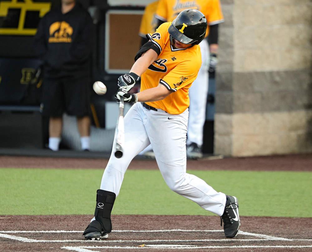 Iowa’s Zeb Adreon (5) drives a pitch for a hit during the sixth inning of the first game of the Black and Gold Fall World Series at Duane Banks Field in Iowa City on Tuesday, Oct 15, 2019. (Stephen Mally/hawkeyesports.com)