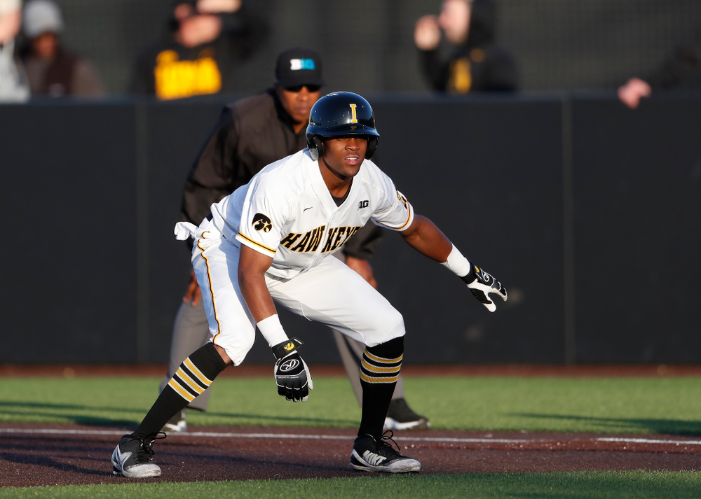 Iowa Hawkeyes third baseman Lorenzo Elion (1) against the Michigan Wolverines Friday, April 27, 2018 at Duane Banks Field in Iowa City. (Brian Ray/hawkeyesports.com)