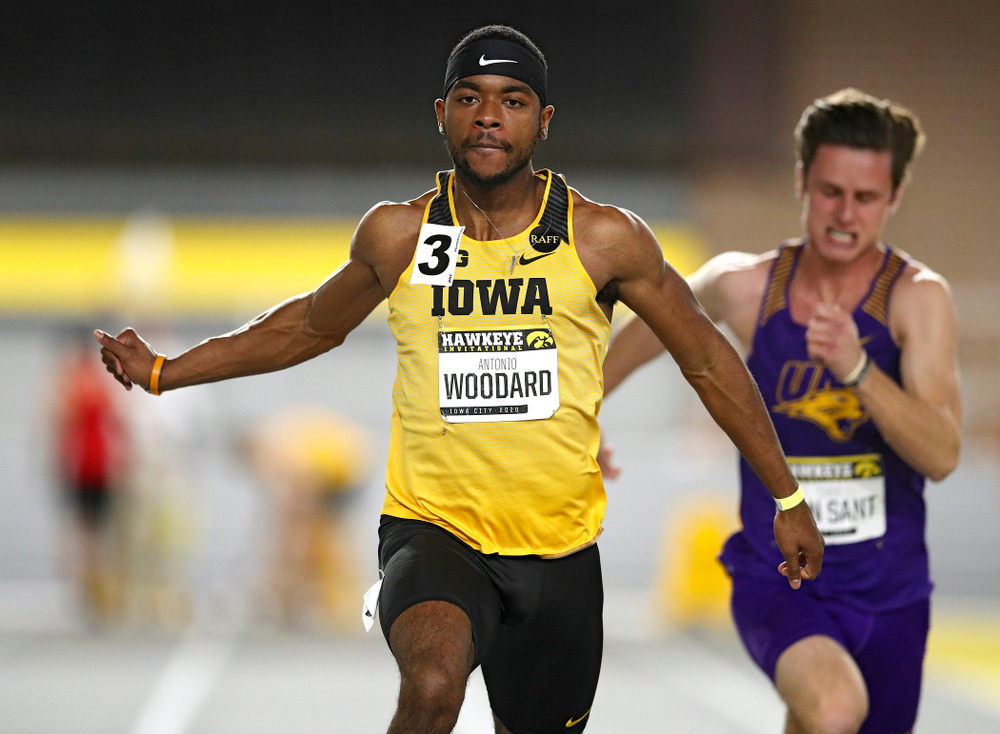 Iowa’s Antonio Woodard runs in the men’s 60 meter dash prelim event during the Hawkeye Invitational at the Recreation Building in Iowa City on Saturday, January 11, 2020. (Stephen Mally/hawkeyesports.com)