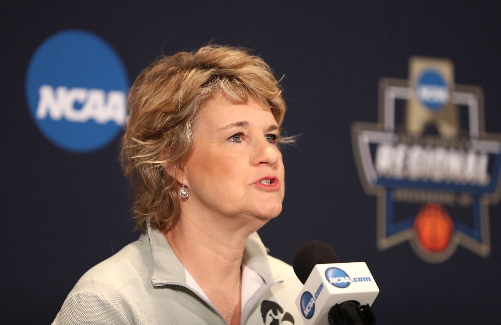 Iowa Hawkeyes head coach Lisa Bluder during media and practice as they prepare for their Sweet 16 matchup against NC State Friday, March 29, 2019 at the Greensboro Coliseum in Greensboro, NC.(Brian Ray/hawkeyesports.com)