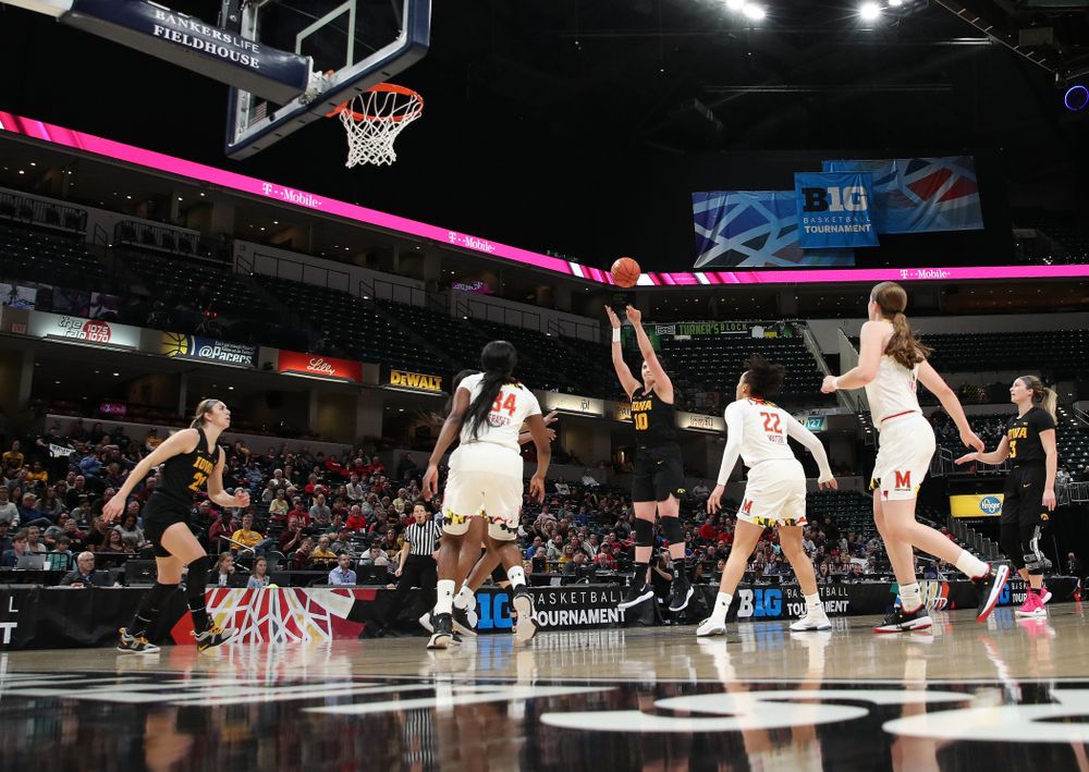 Iowa Hawkeyes forward Megan Gustafson (10) against the Maryland Terrapins in the Big Ten Championship Game Sunday, March 10, 2019 in Indianapolis, Ind. (Brian Ray/hawkeyesports.com)