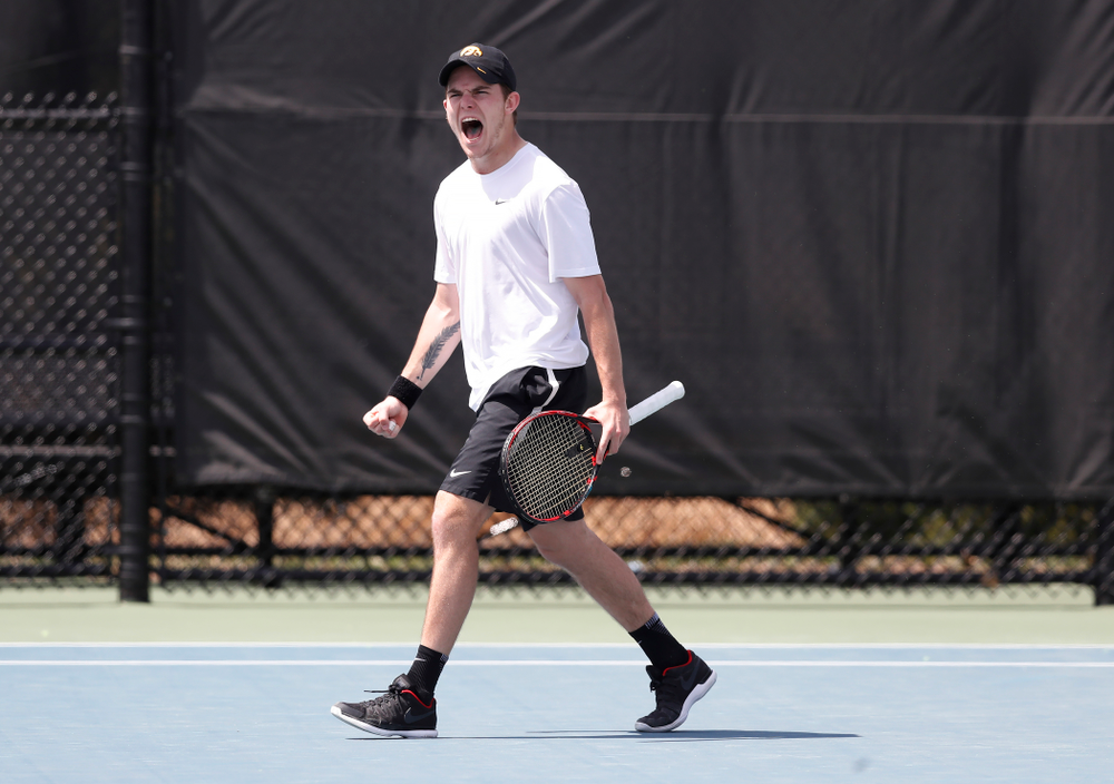 Jonas Larsen against Northwestern in the first round of the 2018 Big Ten Men's Tennis Tournament Thursday, April 26, 2018 at the Hawkeye Tennis and Recreation Complex. (Brian Ray/hawkeyesports.com)
