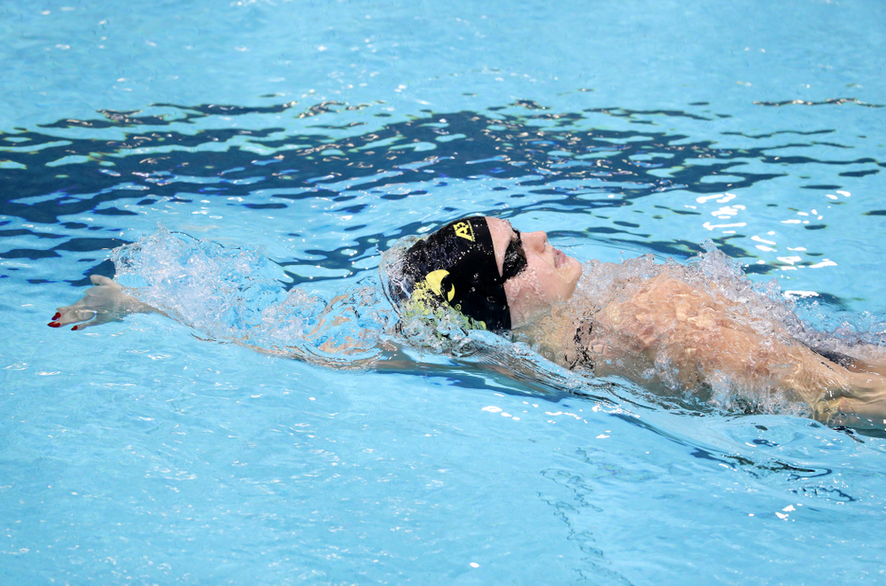 IowaÕs Julia Koluch swims the backstroke leg of the 200 Medley Relay against Notre Dame and Illinois Saturday, January 11, 2020 at the Campus Recreation and Wellness Center. (Brian Ray/hawkeyesports.com)