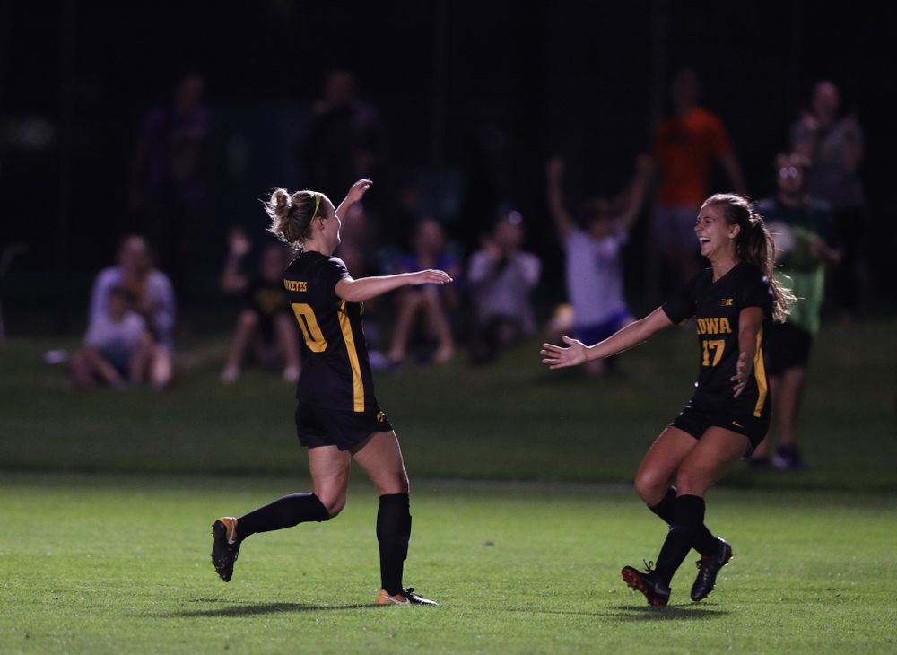 Iowa Hawkeyes midfielder/defender Natalie Winters (10) and defender Hannah Drkulec (17) celebrate a goal during a 2-1 victory over the Iowa State Cyclones Thursday, August 29, 2019 in the Iowa Corn Cy-Hawk series at the Iowa Soccer Complex. (Brian Ray/hawkeyesports.com)