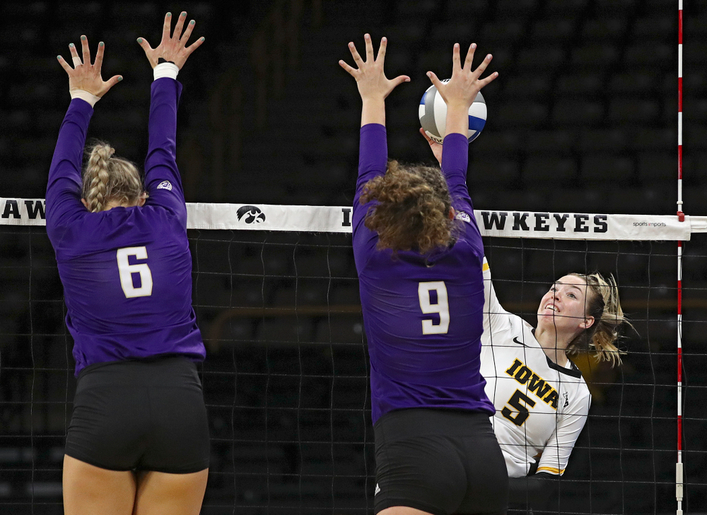Iowa’s Meghan Buzzerio (5) puts up a shot during their Big Ten/Pac-12 Challenge match at Carver-Hawkeye Arena in Iowa City on Saturday, Sep 7, 2019. (Stephen Mally/hawkeyesports.com)