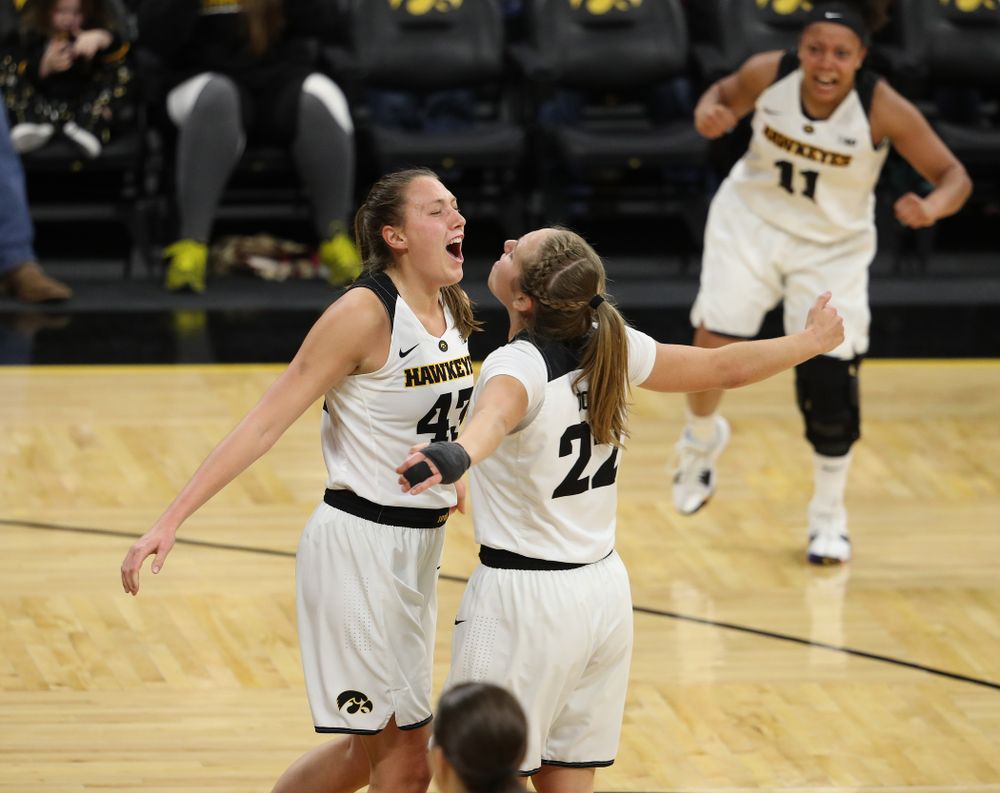 Iowa Hawkeyes forward Amanda Ollinger (43) and guard Kathleen Doyle (22) against the IUPUI Jaguars Saturday, December 8, 2018 at Carver-Hawkeye Arena. (Brian Ray/hawkeyesports.com)