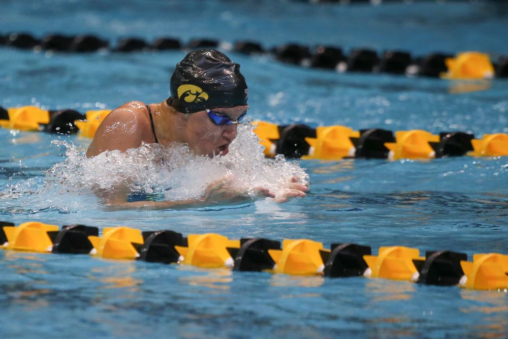Iowa’s Sage Ohlensehlen swims the 100-yard breaststroke during the Iowa swimming and diving meet vs Notre Dame and Illinois on Saturday, January 11, 2020 at the Campus Recreation and Wellness Center. (Lily Smith/hawkeyesports.com)