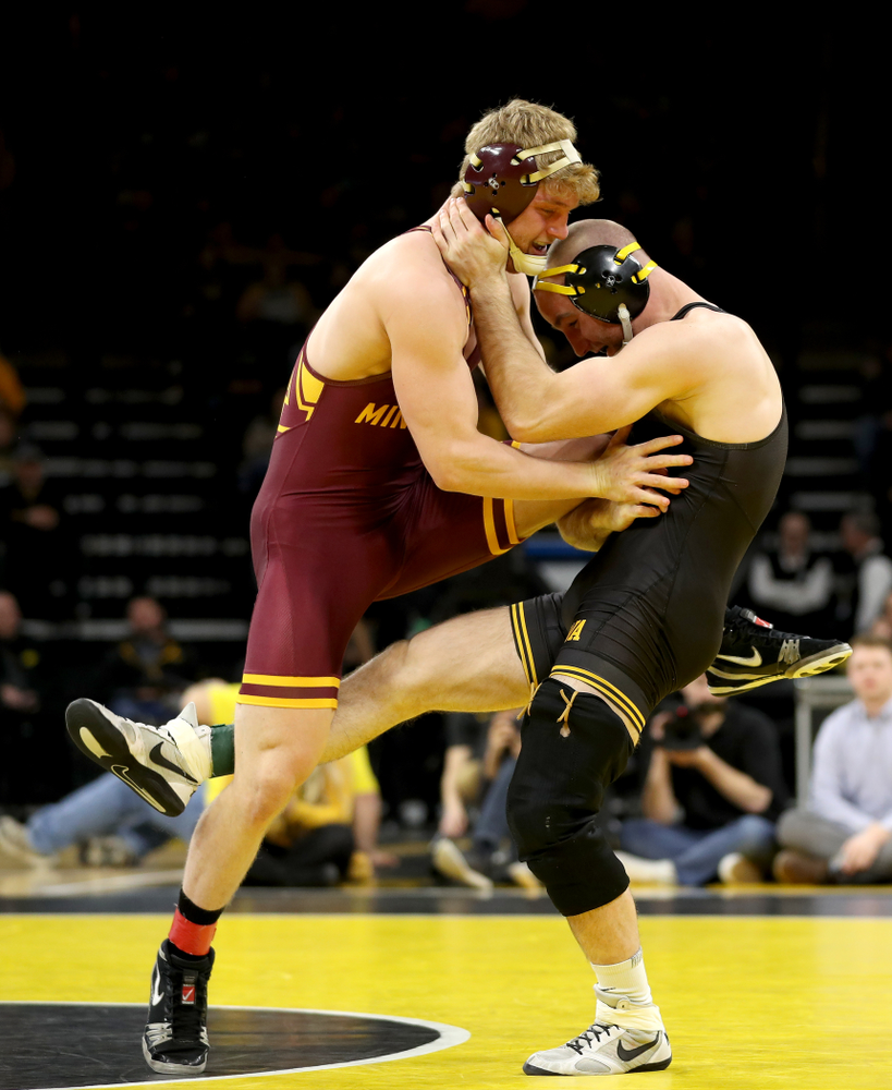 Iowa’s Alex Marinelli wrestles Minnesota’s Kasper McIntosh at 165 pounds Saturday, February 15, 2020 at Carver-Hawkeye Arena. Marinelli won the match by technical fall. (Brian Ray/hawkeyesports.com)