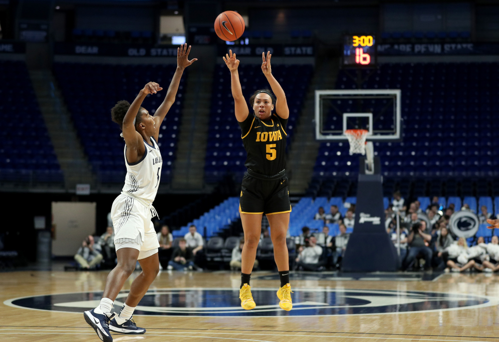 Iowa Hawkeyes guard Alexis Sevillian (5) against the Penn State Nittany Lions Thursday, January 30, 2020 at the Bryce Jordan Center. (Brian Ray/hawkeyesports.com)