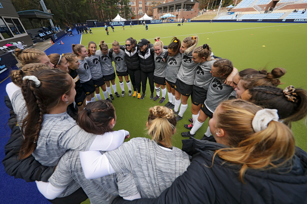 The Iowa Hawkeyes huddle before their NCAA Tournament Second Round match against North Carolina at Karen Shelton Stadium in Chapel Hill, N.C. on Sunday, Nov 17, 2019. (Stephen Mally/hawkeyesports.com)