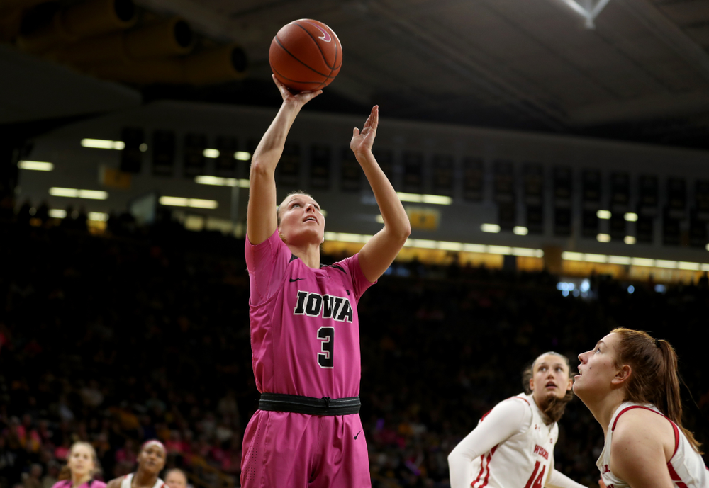 Iowa Hawkeyes guard Makenzie Meyer (3) against the Wisconsin Badgers Sunday, February 16, 2020 at Carver-Hawkeye Arena. (Brian Ray/hawkeyesports.com)