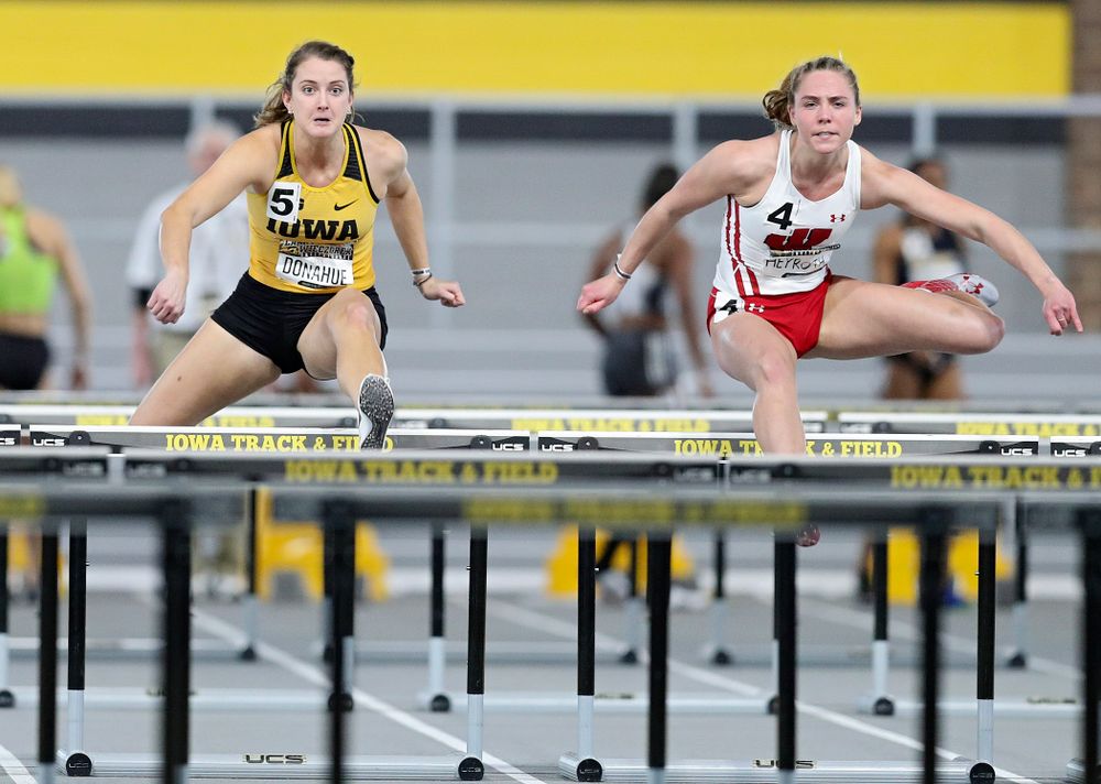 Iowa’s Carly Donahue runs the women’s 60 meter hurdles premier preliminary event during the Larry Wieczorek Invitational at the Recreation Building in Iowa City on Saturday, January 18, 2020. (Stephen Mally/hawkeyesports.com)