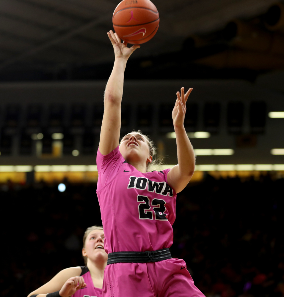 Iowa Hawkeyes guard Kathleen Doyle (22) against the Wisconsin Badgers Sunday, February 16, 2020 at Carver-Hawkeye Arena. (Brian Ray/hawkeyesports.com)