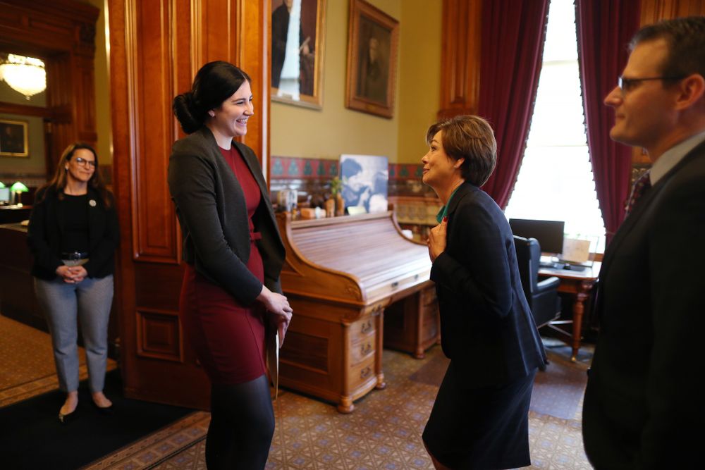 Iowa’s Megan Gustafson meets with Governor Kim Reynolds and Lt. Governor Adam Gregg at the Iowa State Capitol Wednesday, April 24, 2019 in Des Moines. (Brian Ray/hawkeyesports.com)