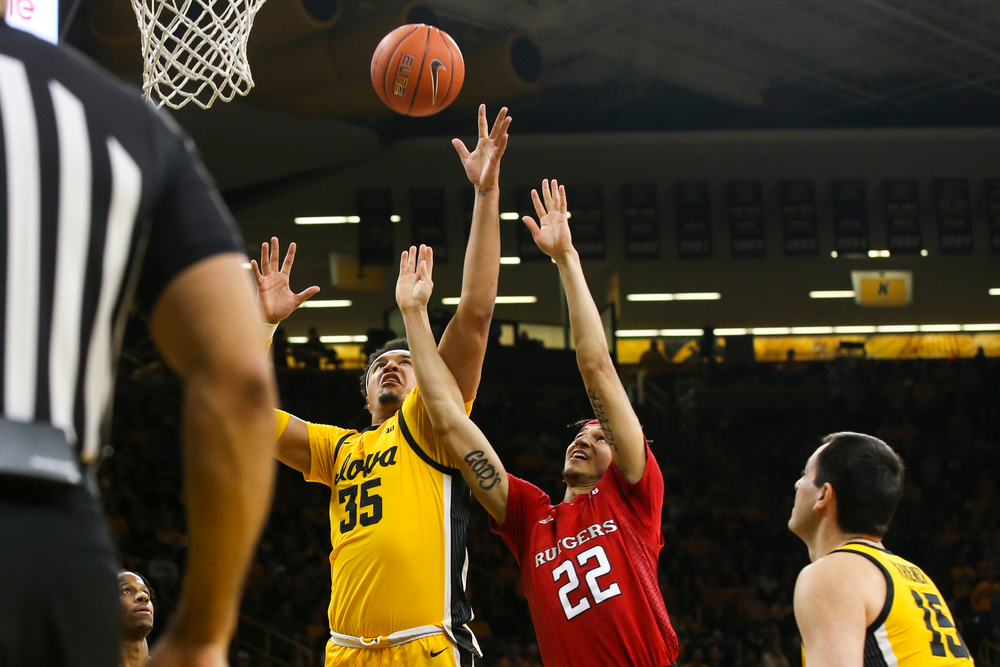 Iowa Hawkeyes forward Cordell Pemsl (35) attempts to grab a rebound during the Iowa men’s basketball game vs Rutgers on Wednesday, January 22, 2020 at Carver-Hawkeye Arena. (Lily Smith/hawkeyesports.com)