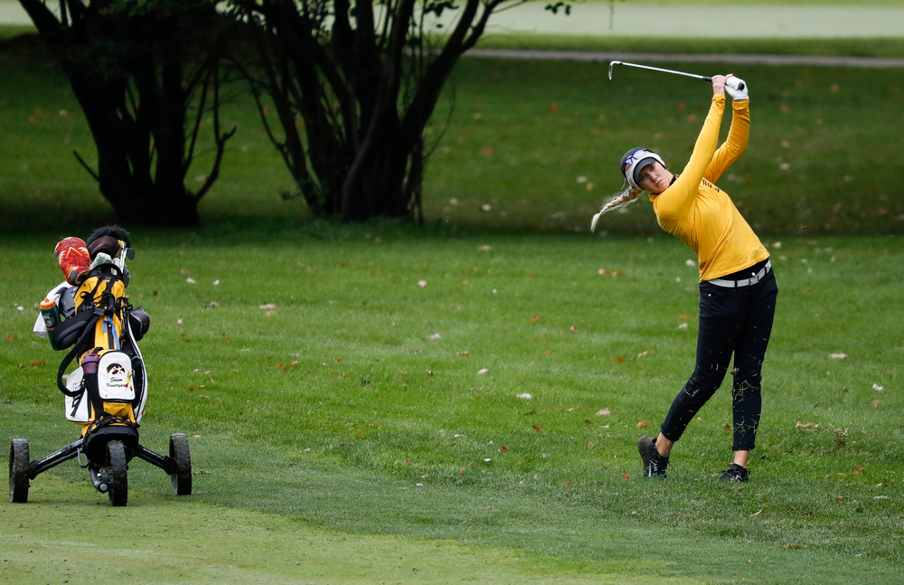 Iowa's Shawn Rennegarbe hits an approach shot during the Diane Thomason Invitational at Finkbine Golf Course on September 29, 2018. (Tork Mason/hawkeyesports.com)