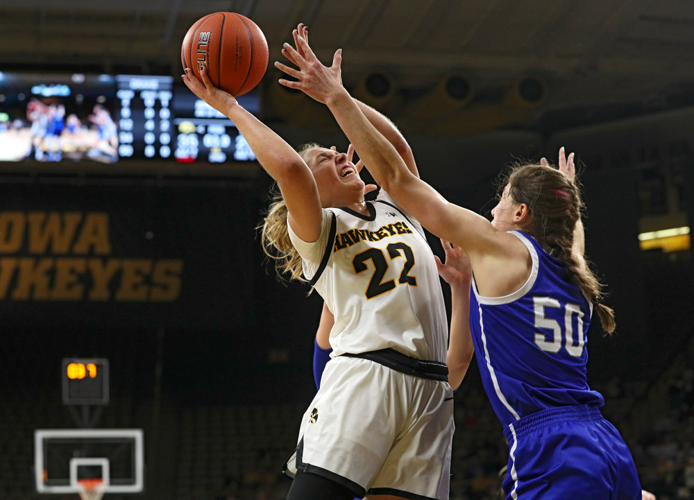 Iowa Hawkeyes guard Kathleen Doyle (22) makes a basket during the second quarter of their game at Carver-Hawkeye Arena in Iowa City on Saturday, December 21, 2019. (Stephen Mally/hawkeyesports.com)