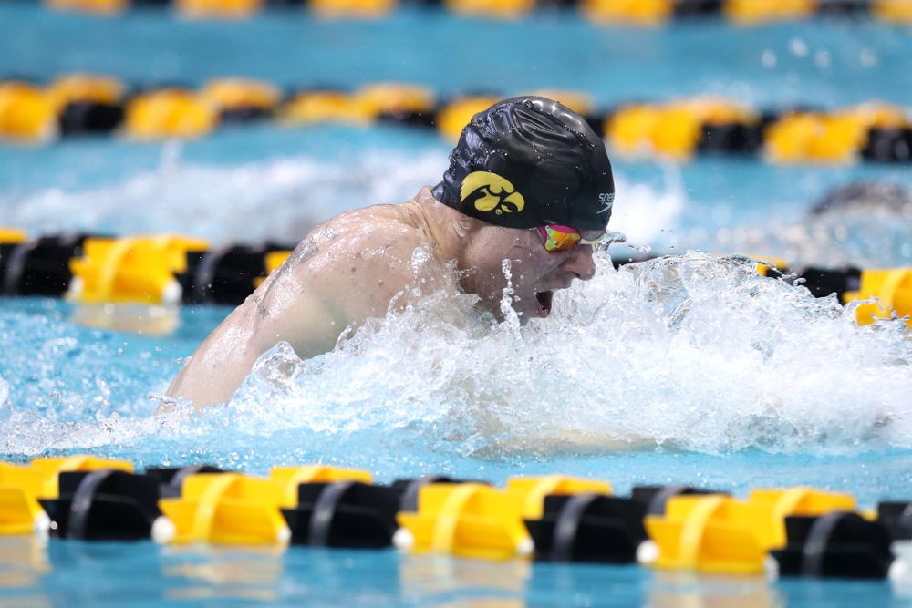 Iowa's Tanner Nelson competes in the 200-yard breaststroke during the 2019 Big Ten Men's Swimming and Diving Championships Saturday, March 2, 2019 at the Campus Wellness and Recreation Center. (Brian Ray/hawkeyesports.com)