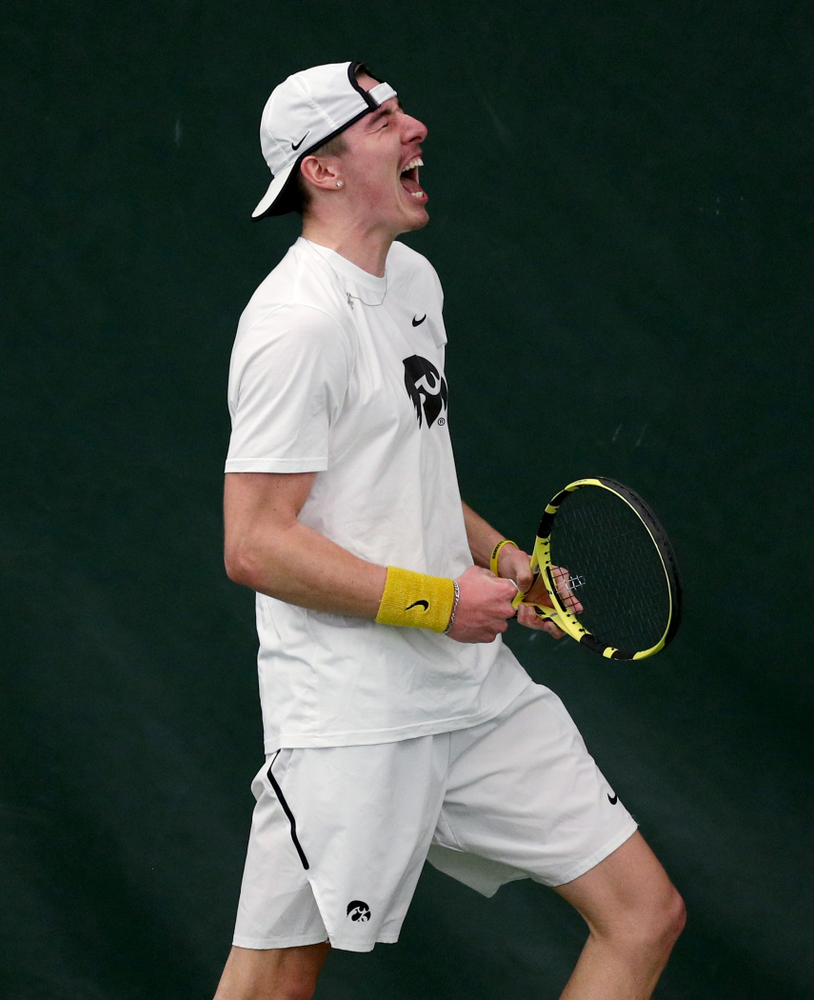 Iowa’s Nikita Snezhko against Cornell Sunday, March 8, 2020 at the Hawkeye Tennis and Recreation Center. (Brian Ray/hawkeyesports.com)