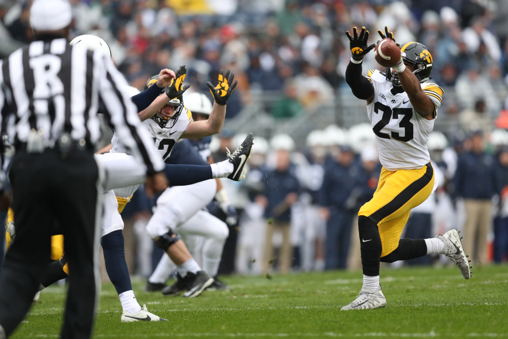 Iowa Hawkeyes wide receiver Dominique Dafney (23) blocks a punt against the Penn State Nittany Lions Saturday, October 27, 2018 at Beaver Stadium in University Park, Pa. (Max Allen/hawkeyesports.com)