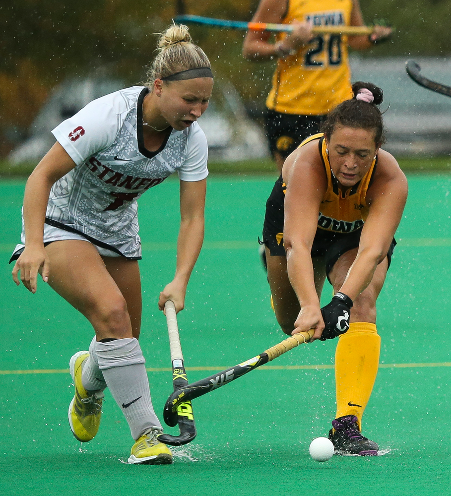 Iowa Hawkeyes forward Mya Christopher (18) dribbles during a game against Stanford at Grant Field on October 7, 2018. (Tork Mason/hawkeyesports.com)