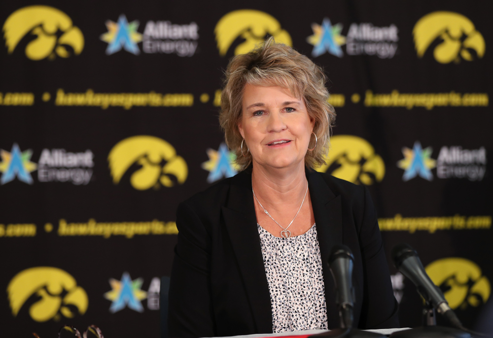 Iowa Hawkeyes head coach Lisa Bluder addresses reporters during the team's annual media day Wednesday, October 31, 2018 at Carver-Hawkeye Arena. (Brian Ray/hawkeyesports.com)