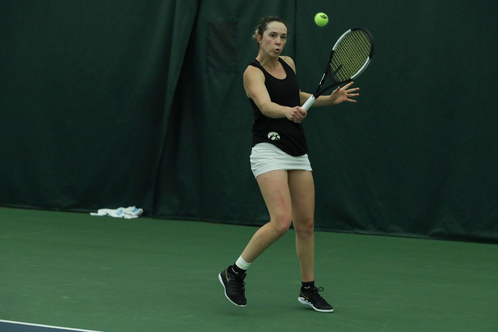 Iowa’s Samantha Mannix returns a hit during the Iowa women’s tennis meet vs DePaul on Friday, February 21, 2020 at the Hawkeye Tennis and Recreation Complex. (Lily Smith/hawkeyesports.com)