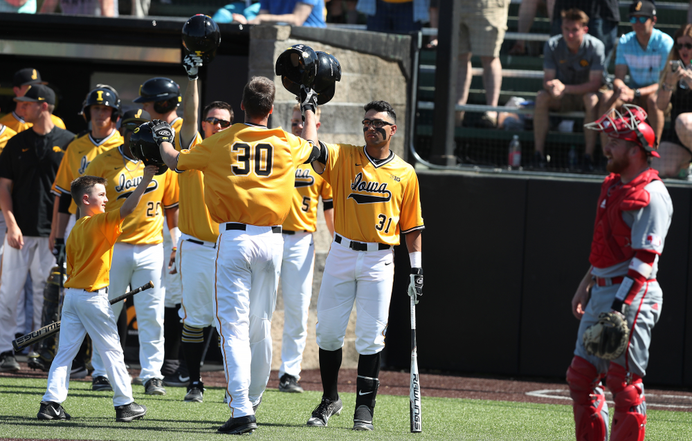 Iowa Hawkeyes Connor McCaffery (30) hits a home run against the Nebraska Cornhuskers Sunday, April 21, 2019 at Duane Banks Field. (Brian Ray/hawkeyesports.com)